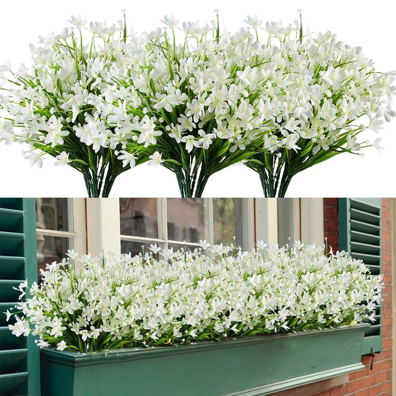 HAPLIA 8 Bundles Artificial Daffodils Flowers, Fake Artificial Greenery UV Resistant No Fade Faux Plastic Plants for Wedding Bridle Bouquet Indoor Outdoor Home Garden Kitchen Office Table Vase (White) - Image 1